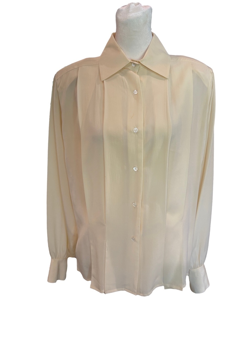 Vintage Anne French silk button front blouse. Size 10 cream pleated classic